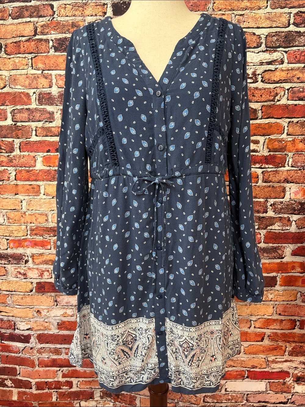 Alya Navy Blue Paisley-Print Long Sleeve Tunic Size Large